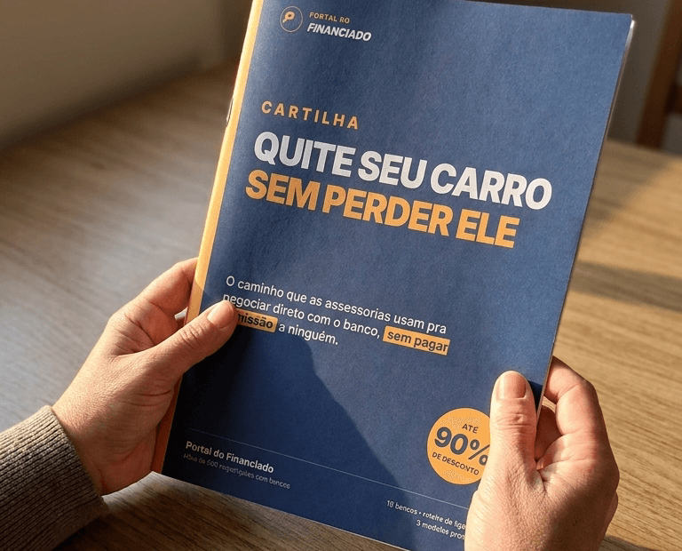 Cartilha Quite Seu Carro Sem Perder Ele impressa, nas mãos, na mesa da cozinha